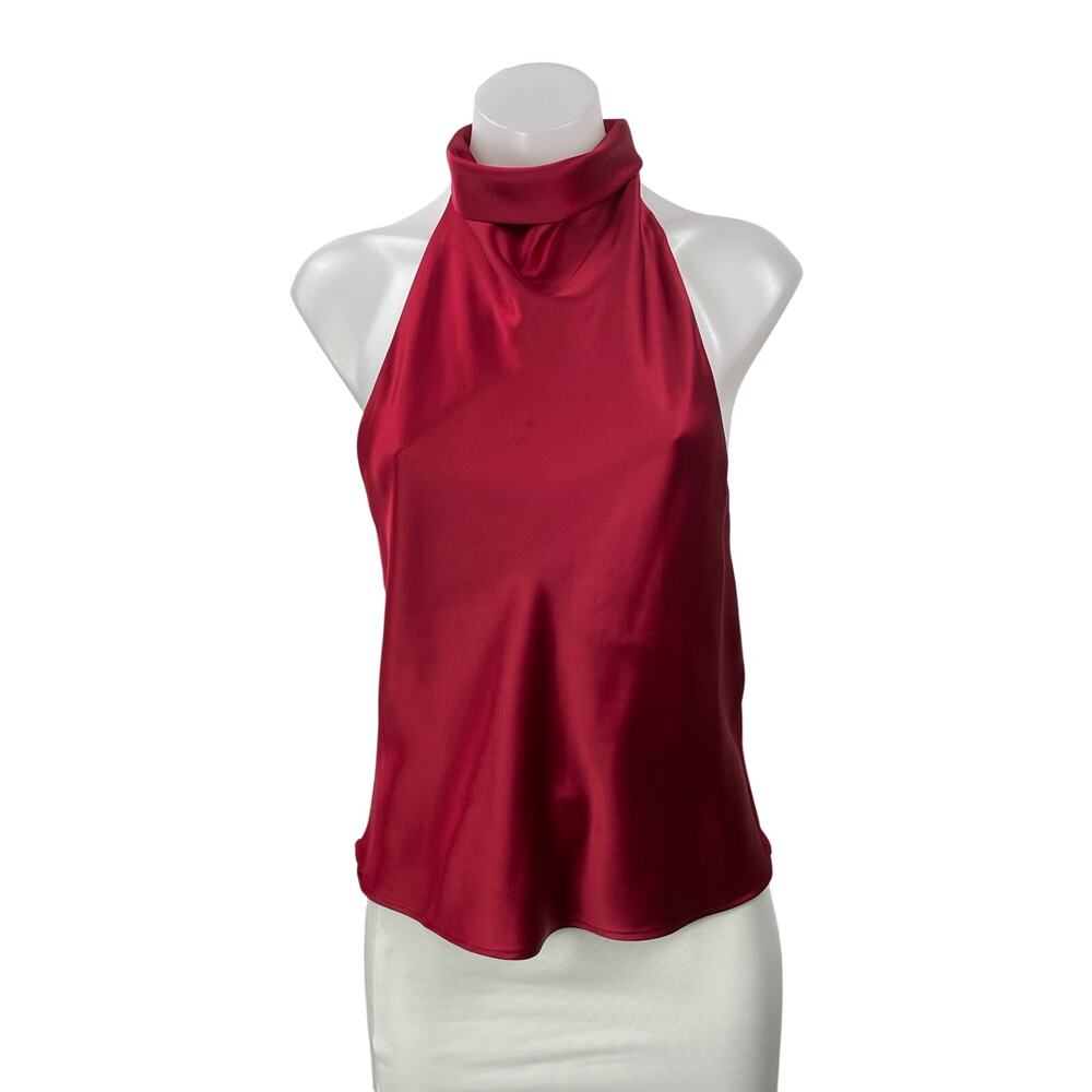 Zara Women's Red Silk Satin Halter Sleeveless Drape Backless Blouse Top Size S